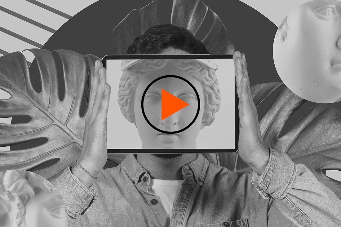 A conceptual representation of video marketing, with a person holding a tablet in front of their face, suggesting the importance of integrating video into business strategy for compelling storytelling and audience engagement.