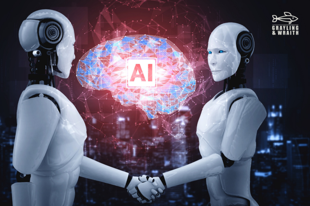 Two humanoid robots shaking hands in front of a digital brain with the letters 'AI' at the center, against a backdrop of a blurred cityscape at night, representing the collaboration and advancements in artificial intelligence. GPT-4 vs GPT-3.5