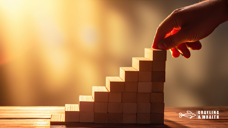 A hand placing the last block atop a stair-like structure of wooden blocks, symbolizing strategic growth and step-by-step achievement.