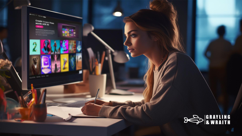 A digital artist sketches in her studio, with Bing Image Creator's vibrant AI artwork on her screen, embodying the Bing vs DALL-E 2 innovation in art and technology.
