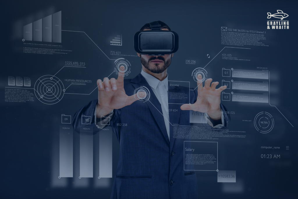 A businessman in a VR headset interacts with a virtual analytics interface displaying data on human resources, income, and demographics, representing the advanced capabilities of GPT-4 in enhancing business intelligence.
