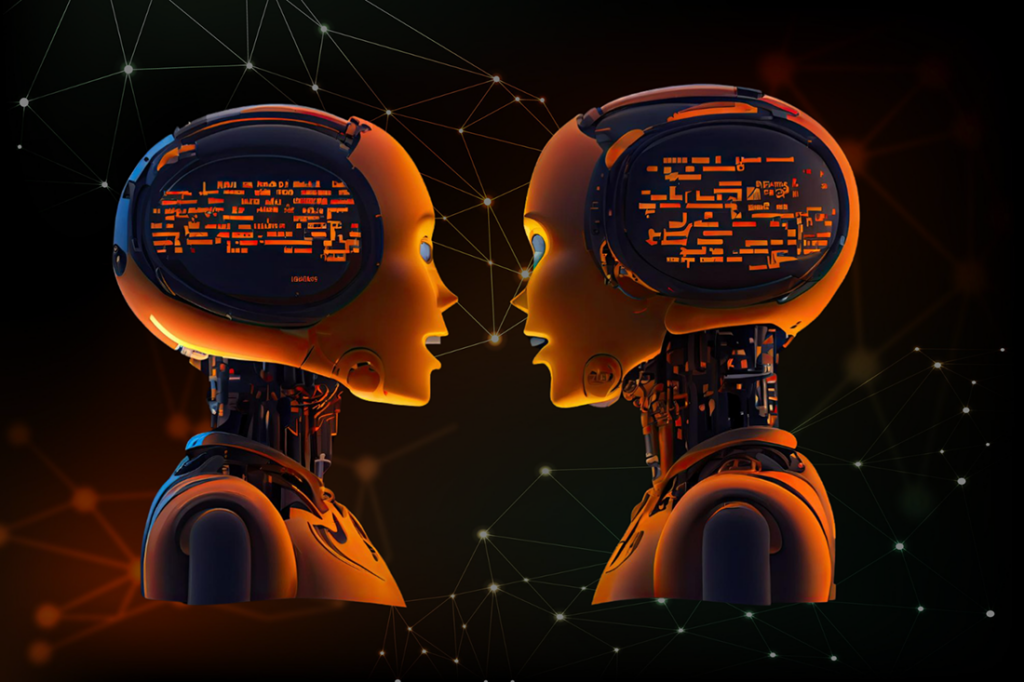 Two humanoid robots with transparent heads revealing complex, glowing orange circuitry inside, facing each other against a dark background with digital connections, illustrating the technological advancements from GPT-3.5 to GPT-4.