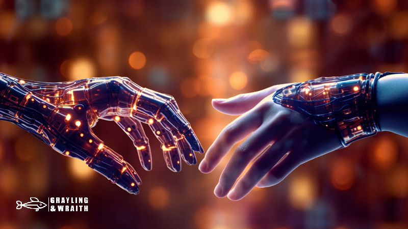 Human hand reaching towards a robotic hand, symbolizing the Bing vs DALL-E 2 comparison in the merging of human creativity and AI technology.
