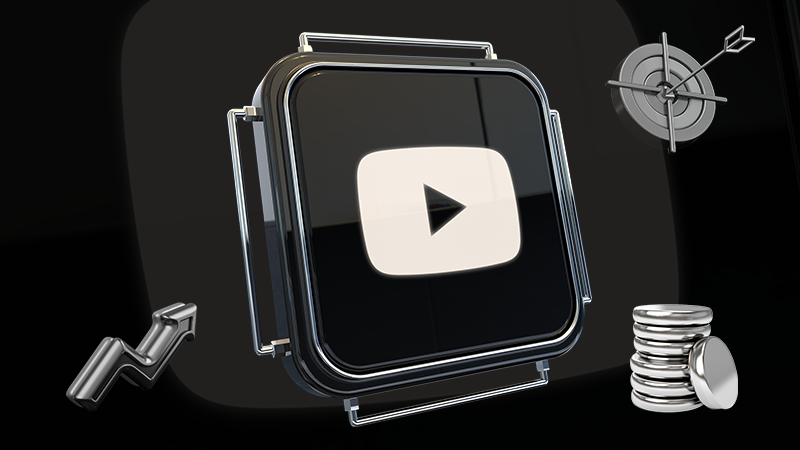 A stylized play button surrounded by a series of frames, with a broken chain link, a target with an arrow, and a stack of coins, illustrating the strategic and profitable impact of video marketing.
