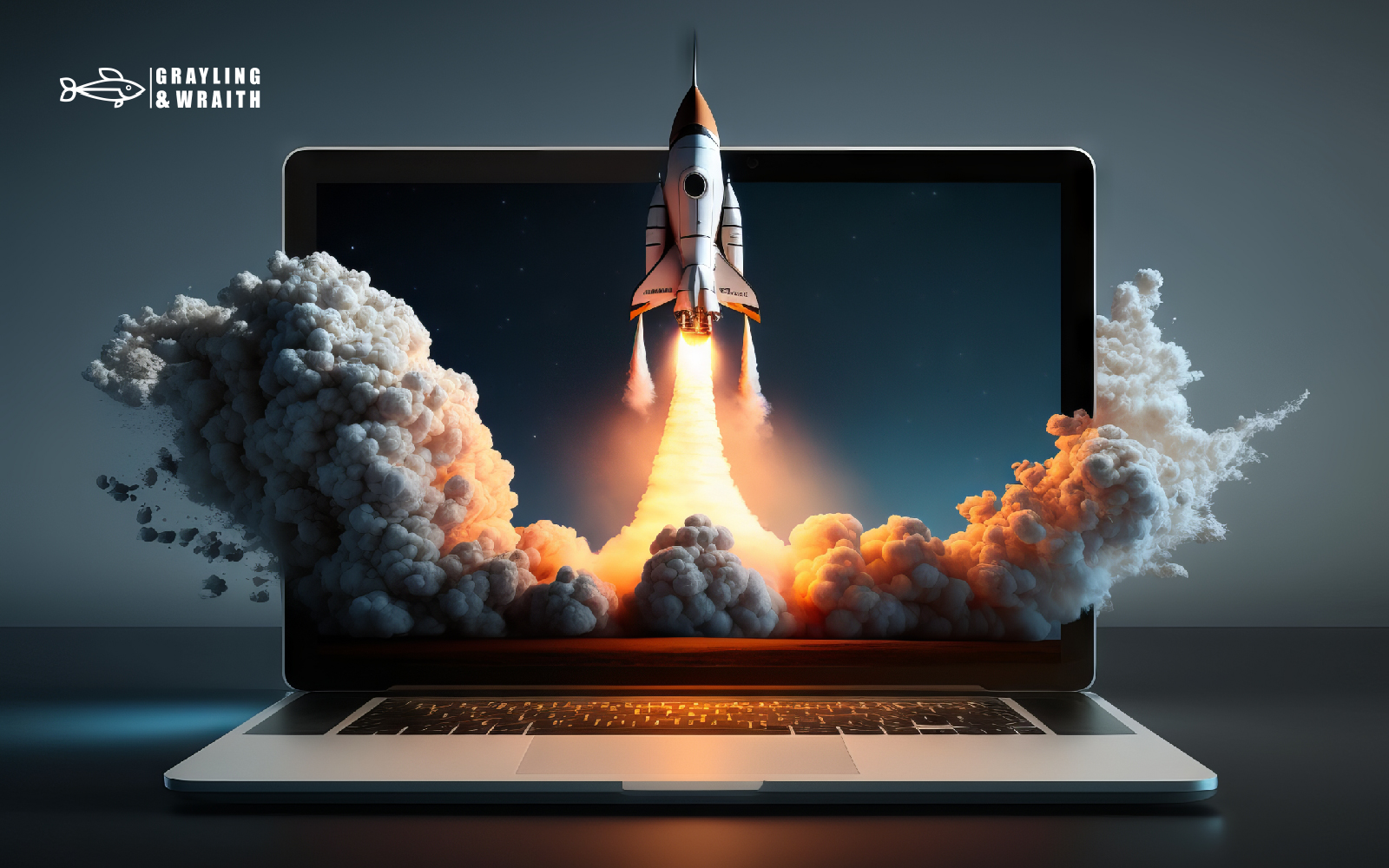 A space shuttle launching from a laptop screen, symbolizing the launch of innovative ideas with AI art tools.