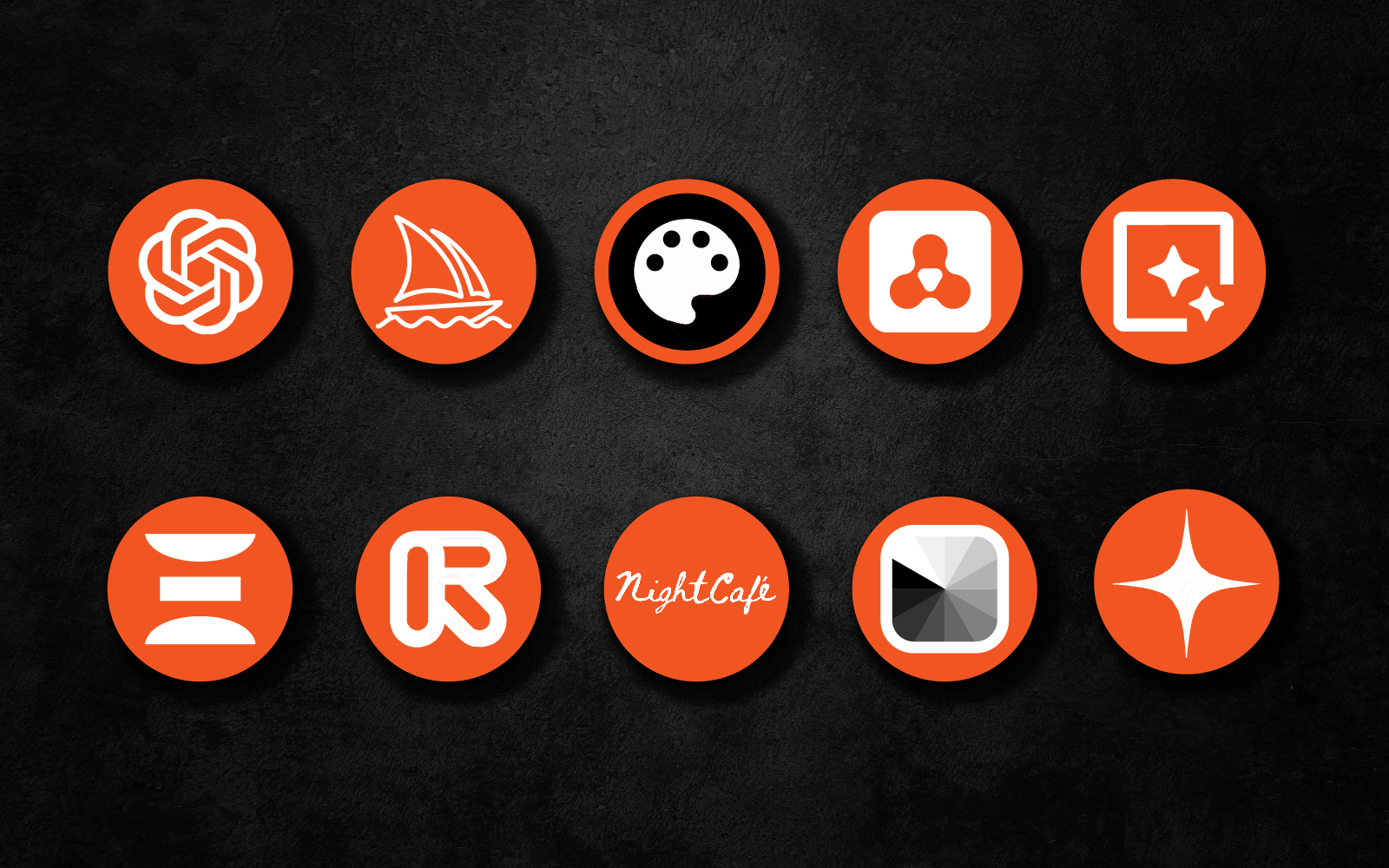 A sleek array of orange design software icons on a dark textured background, including a prominent central icon labeled "NightCafe."