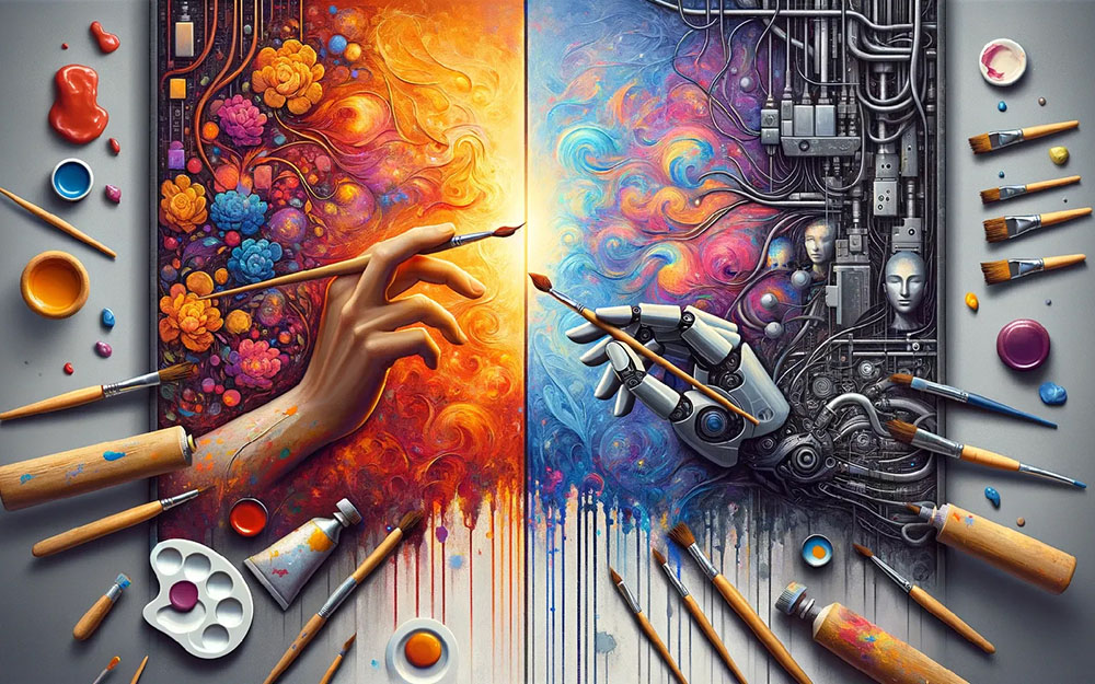 A striking representation of human and AI collaboration in art, with a human hand and a robotic hand each painting their own canvas—one with organic forms and the other with mechanical precision.