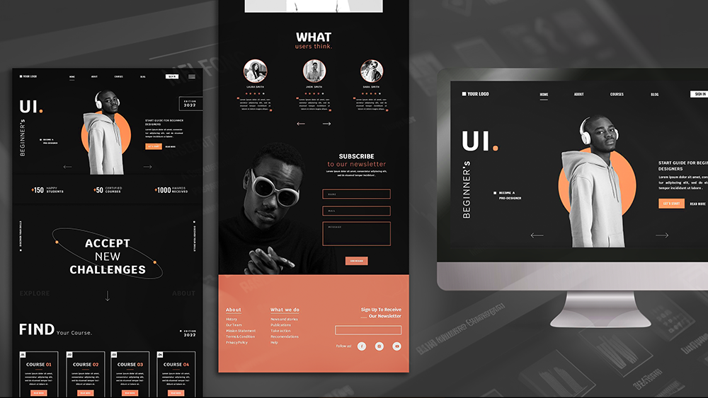 A dynamic presentation of UI/UX des-ign layouts for mobile and desktop platforms, featuring user testimonials, subscription forms, and educational courses.