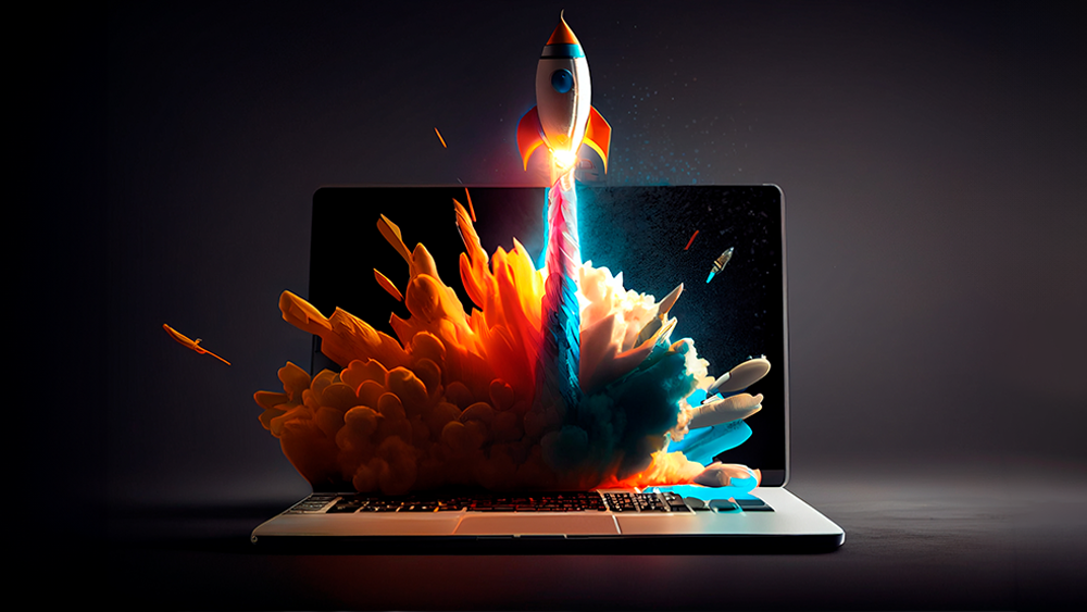 Web Development - A vibrant graphic of a rocket launching from a laptop screen, representing rapid advancements and high-speed performance in website development. Web Design