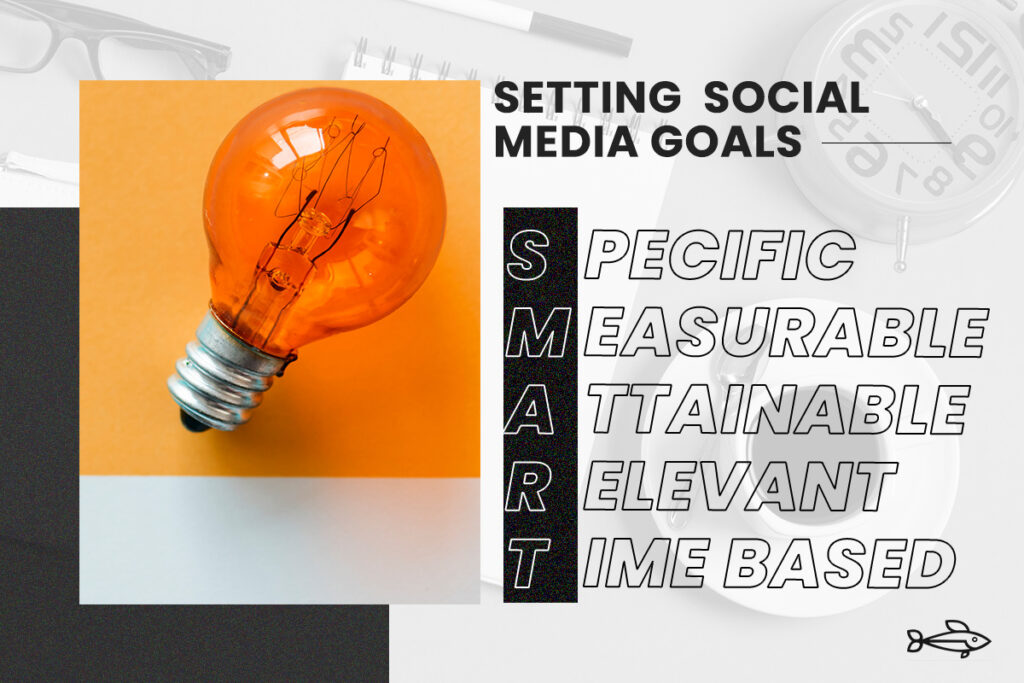 A light bulb with the text “SETTING SOCIAL MEDIA GOALS” and an acronym “SMART” which stands for Specific, Measurable, Attainable, Relevant, Time Based.
