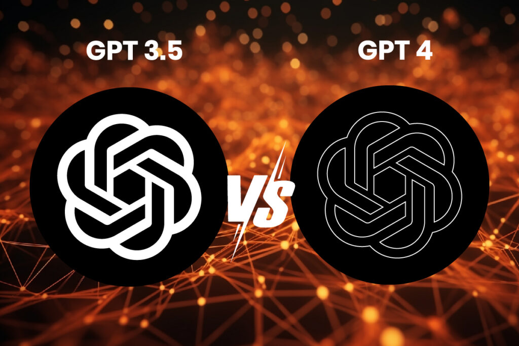 GPT 3.5 vs GPT 4 logos comparison with neural network background