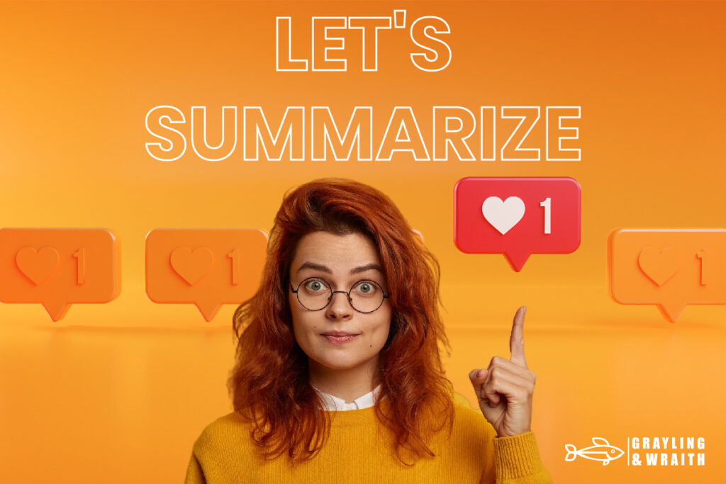Let's Summarize - A woman with glasses and red hair pointing upwards, surrounded by icons on an orange background.