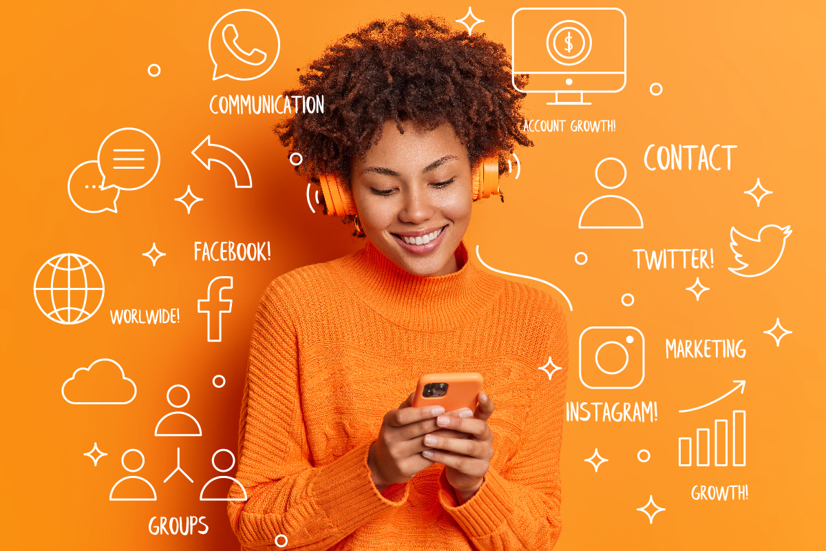 What is Organic Social Media? A woman smiling while using her smartphone, with various social media icons and words floating around her on an orange background.