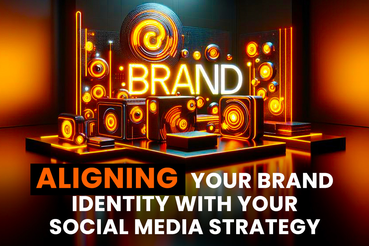 Aligning Your Brand Identity with Your Social Media Strategy illuminated in neon lights with a futuristic backdrop. 