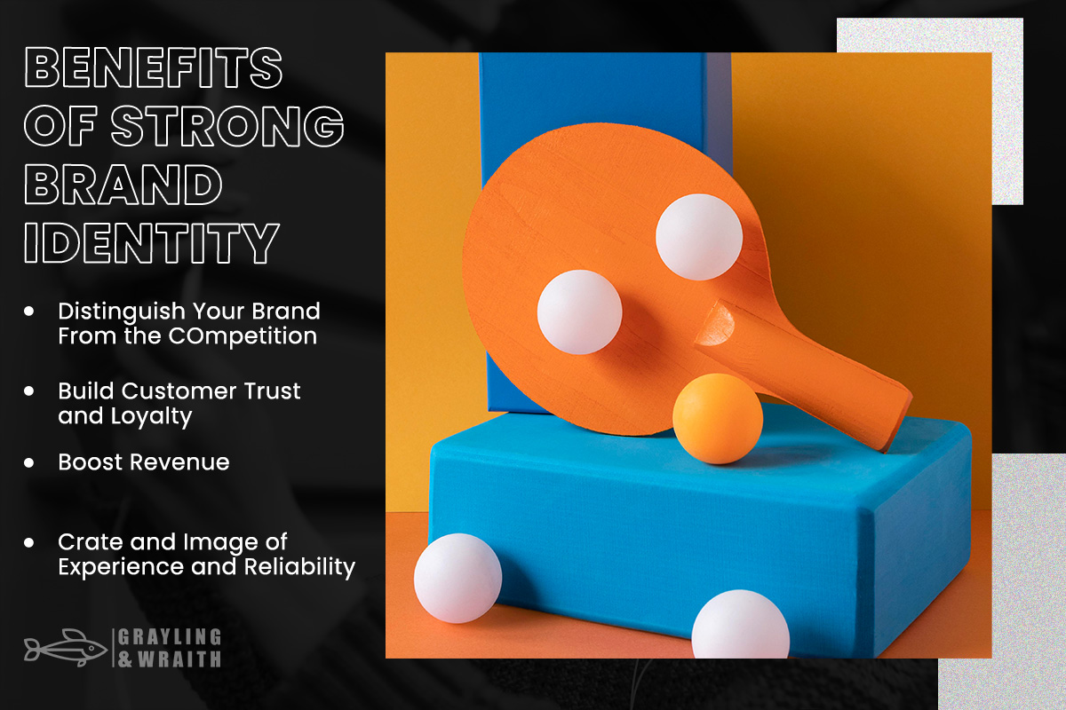 Benefits of Strong Brand Identity with a playful image of a ping pong paddle and balls. 
