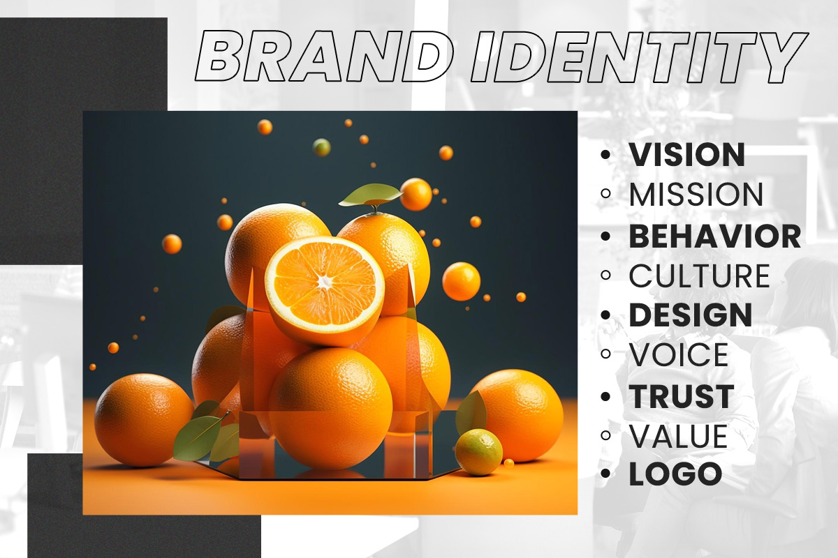 Brand Identity elements highlighted with an artistic composition of oranges. 

