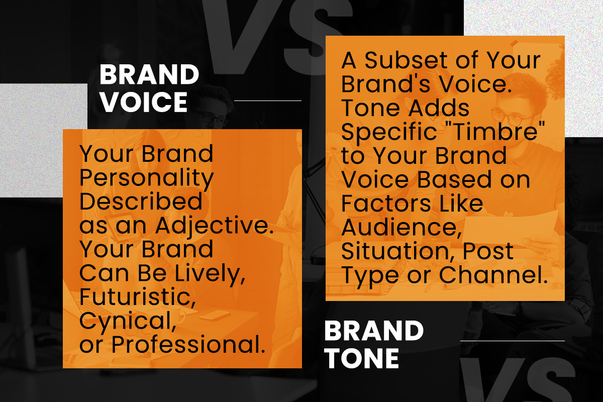 Brand Voice vs. Brand Tone comparison highlighting their definitions and differences. 

