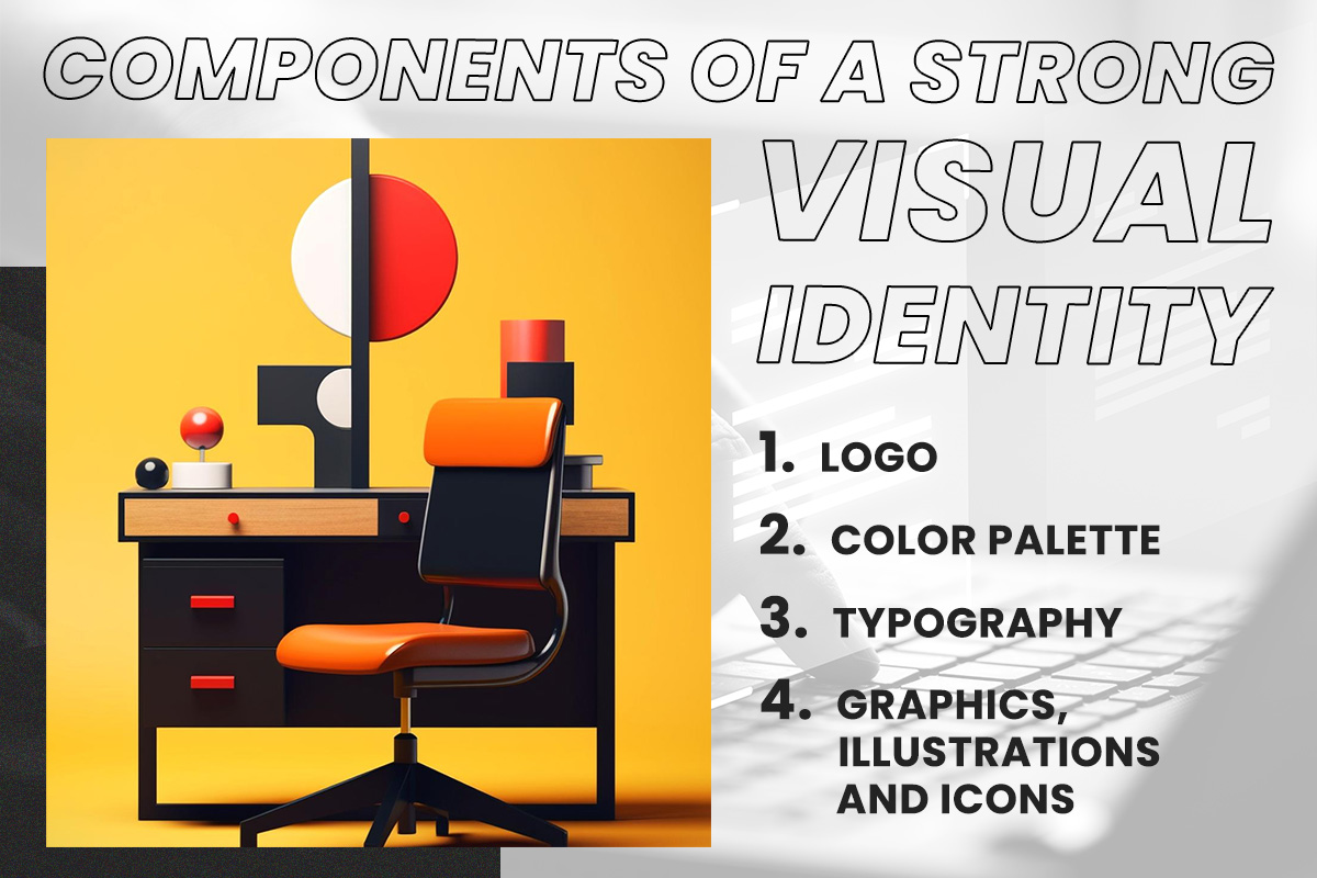 Components of a Strong Visual Identity with a modern office desk and chair in bold colors.