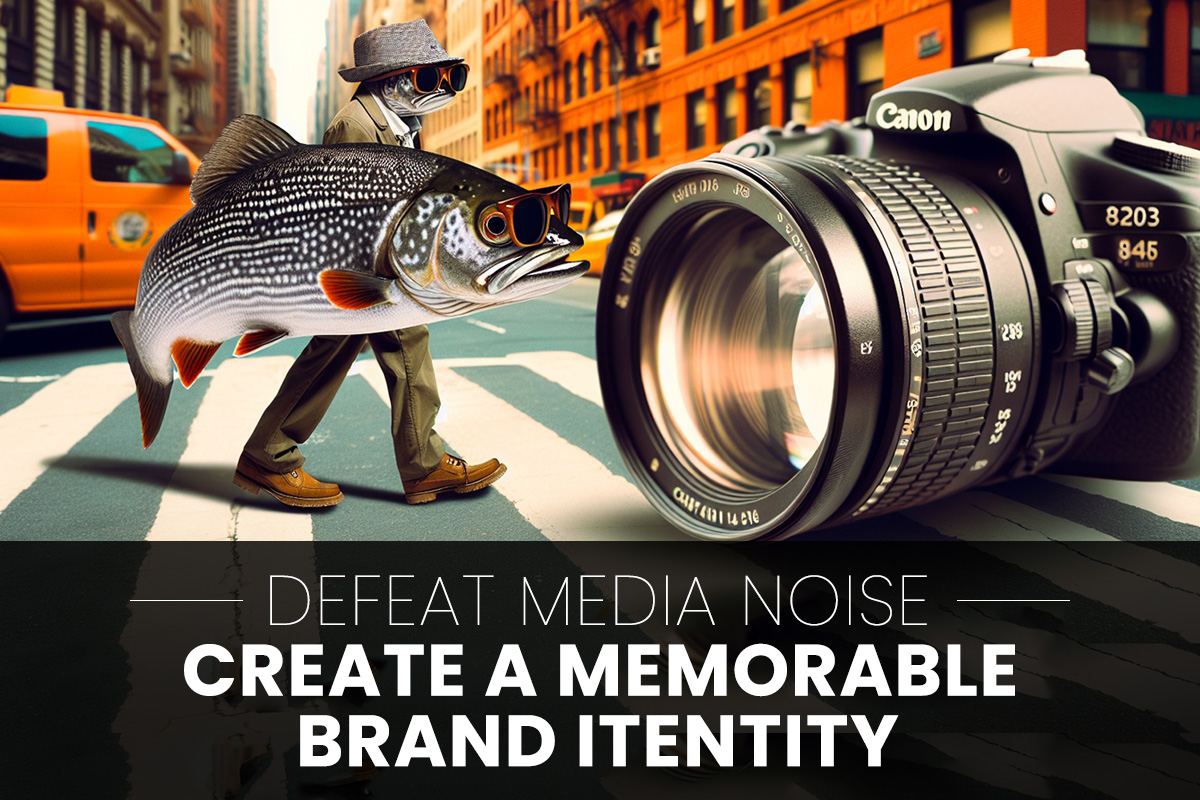 Defeat Media Noise - Create a Memorable Brand Identity with a humorous fish character in a cityscape. 
