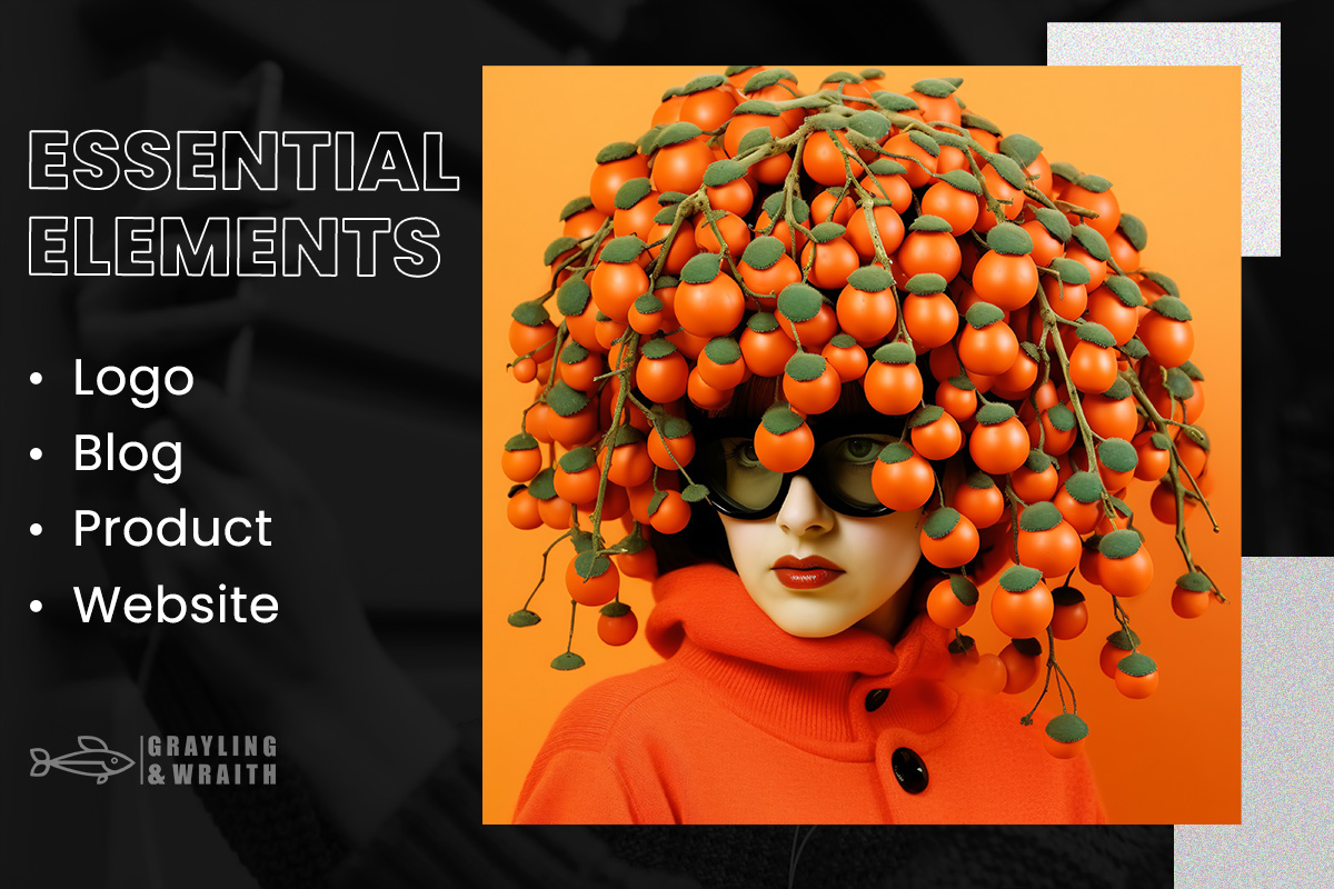 Essential Elements of Brand Identity with a whimsical woman wearing a fruit hat. 

