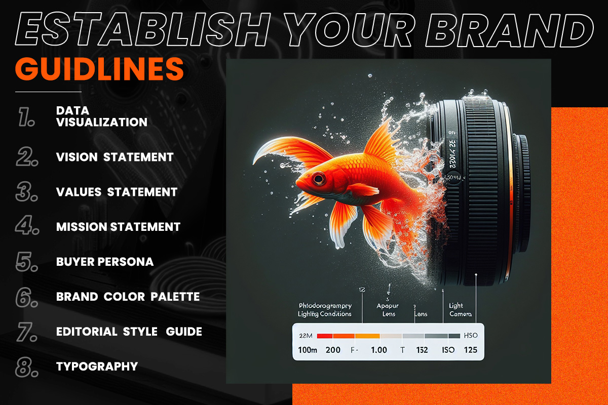 Establish Your Brand Guidelines with a vibrant goldfish and camera lens illustration. 
