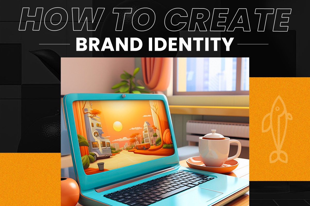 How to Create Brand Identity displayed on a laptop screen with a sunny, cartoonish cityscape background.
