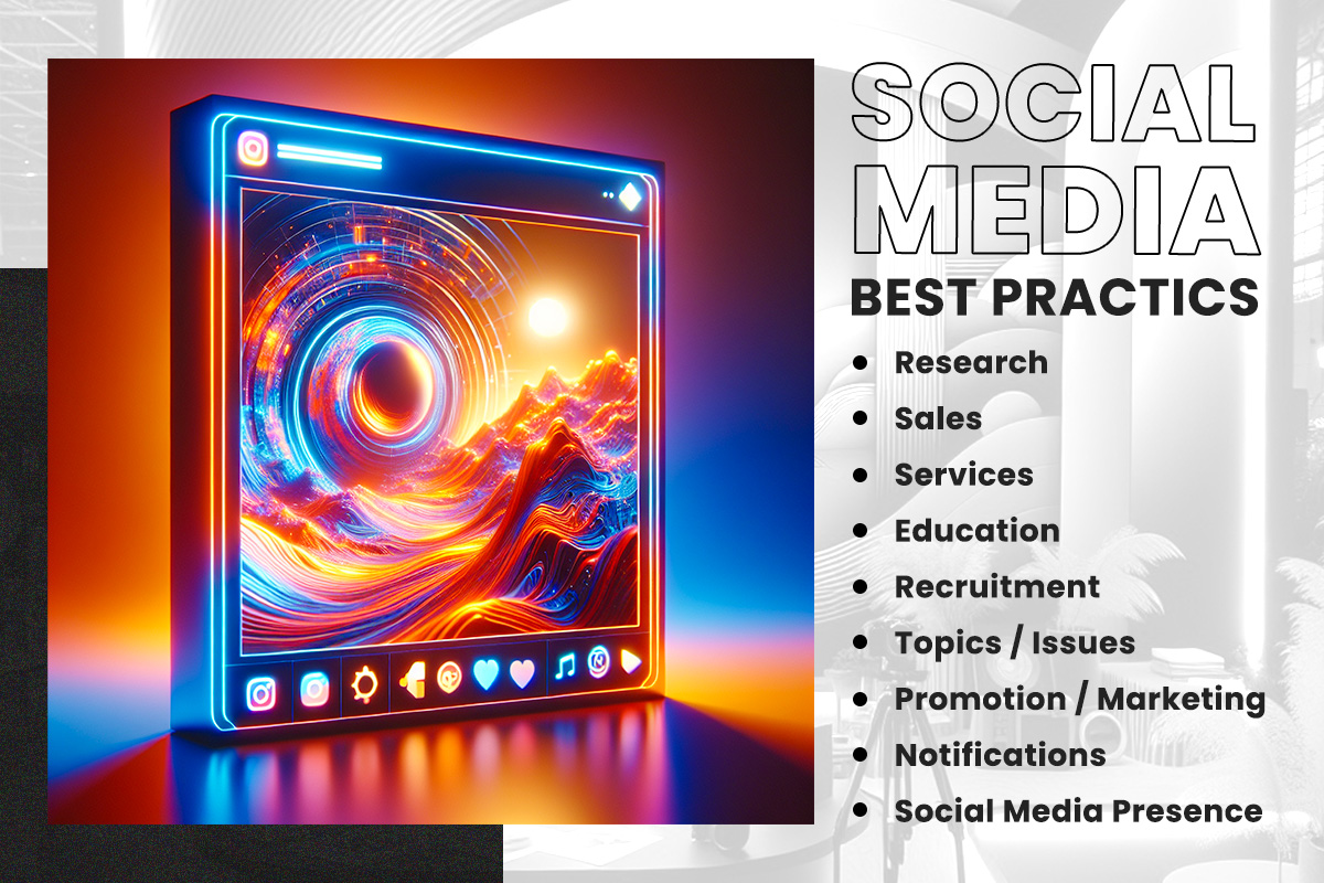 Social Media Best Practices highlighted on a neon-framed digital display with a futuristic landscape. 