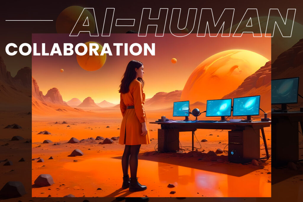 A graphic illustration of a person standing in a Mars-like landscape with multiple computer monitors, showcasing AI-human collaboration.