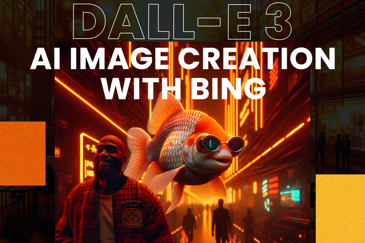 DALL-E 3 AI image creation with Bing featuring a stylized fish wearing sunglasses against an urban backdrop.