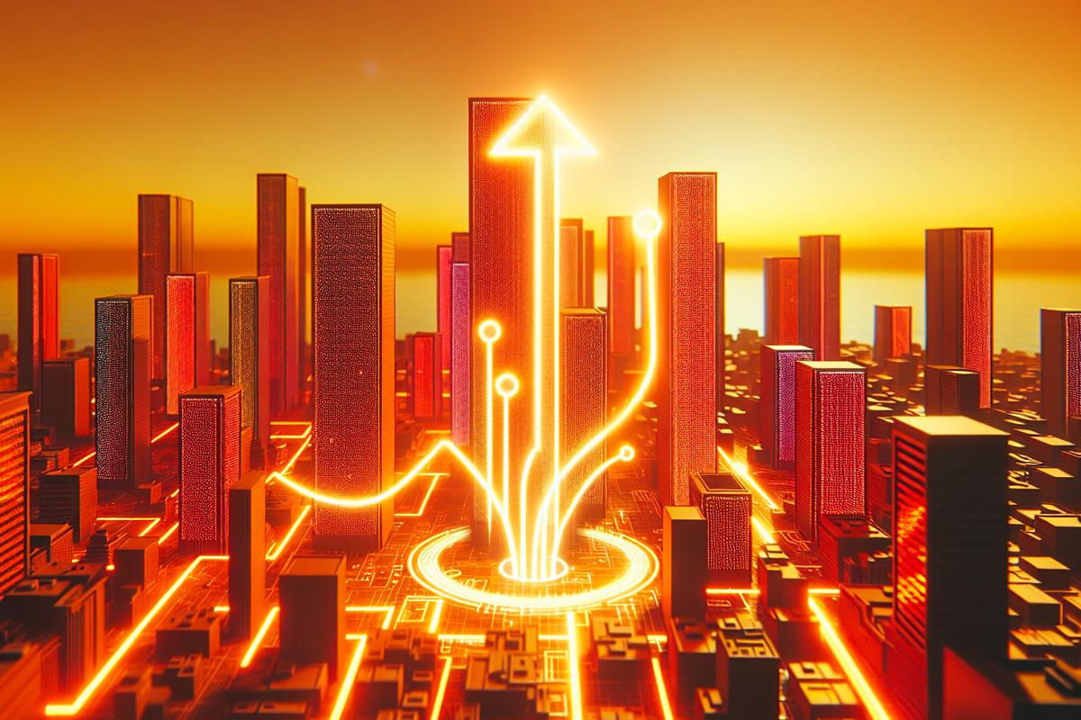 Futuristic City with Glowing Growth Arrows