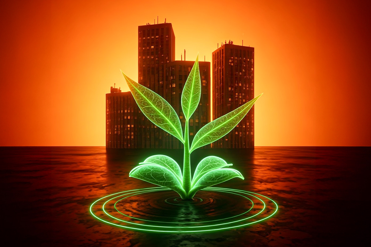 Green Seedling in Front of Cityscape