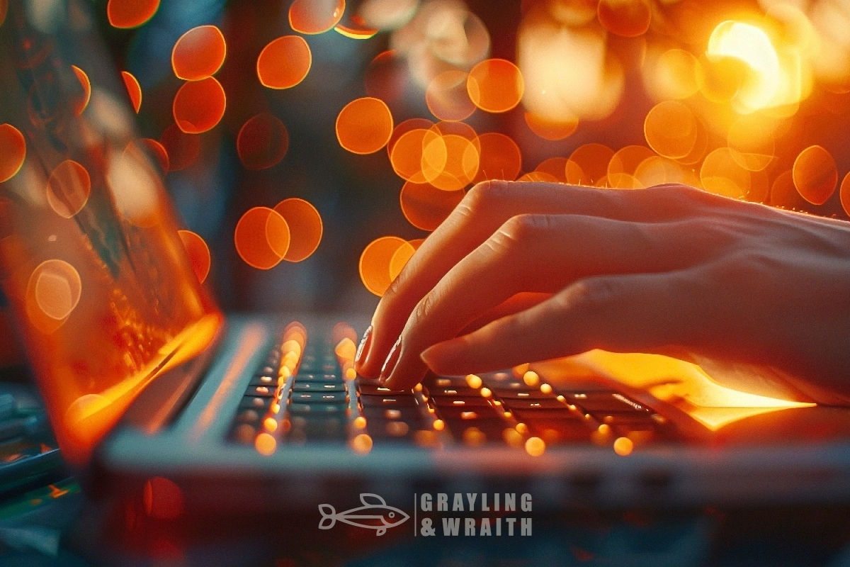 Hands typing on a laptop keyboard with a warm bokeh background