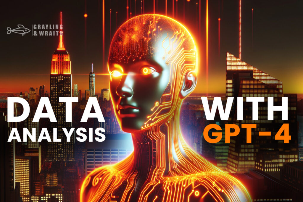 The Power of GPT-4: A futuristic depiction of AI-driven data analysis in a digital cityscape.