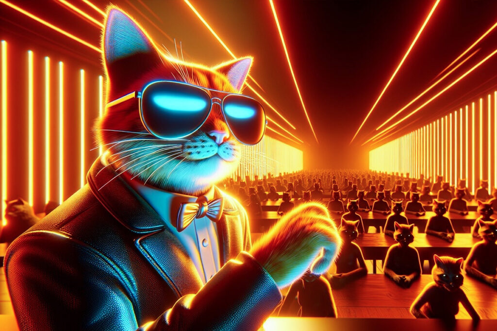 Cat in a suit and sunglasses leading a crowd of cats