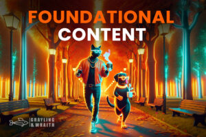 Foundational Content - a cat and dog walking down a brightly lit park pathway