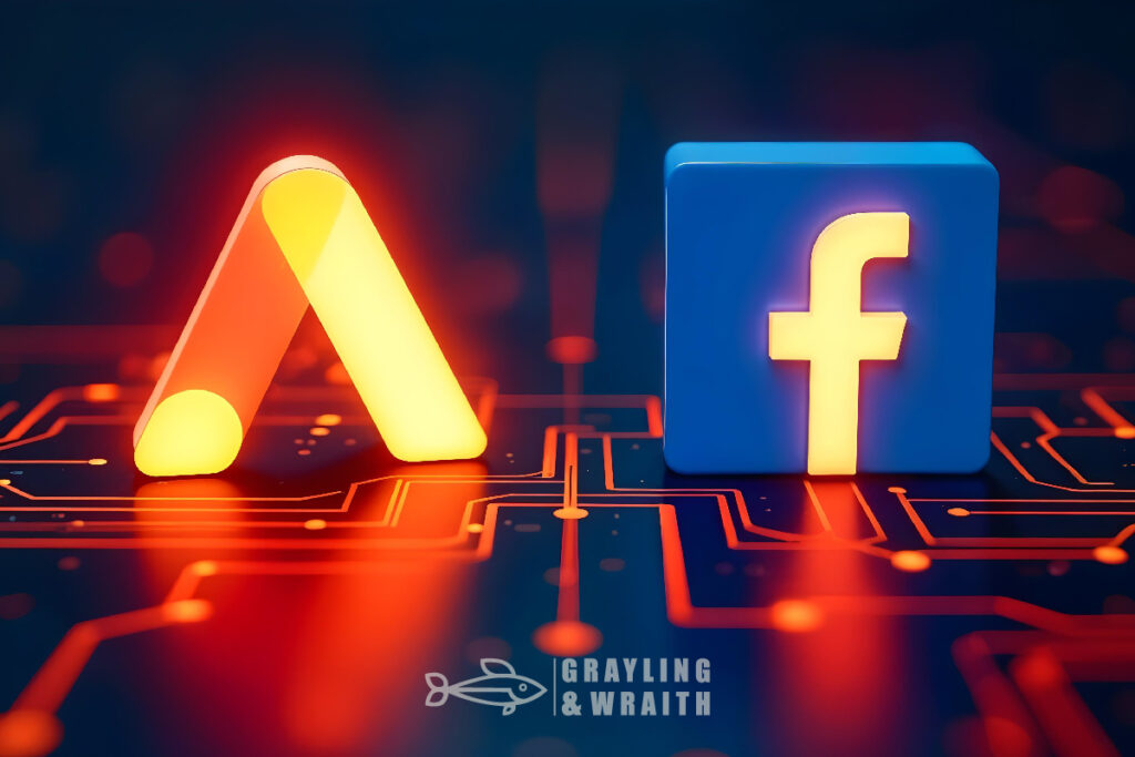 Google Ads and Facebook Ads icons glowing on a digital circuit board, symbolizing the comparison of advertising platforms.