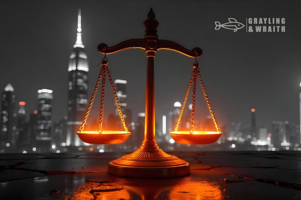 Scales of justice glowing against a cityscape backdrop, symbolizing balance and decision-making.